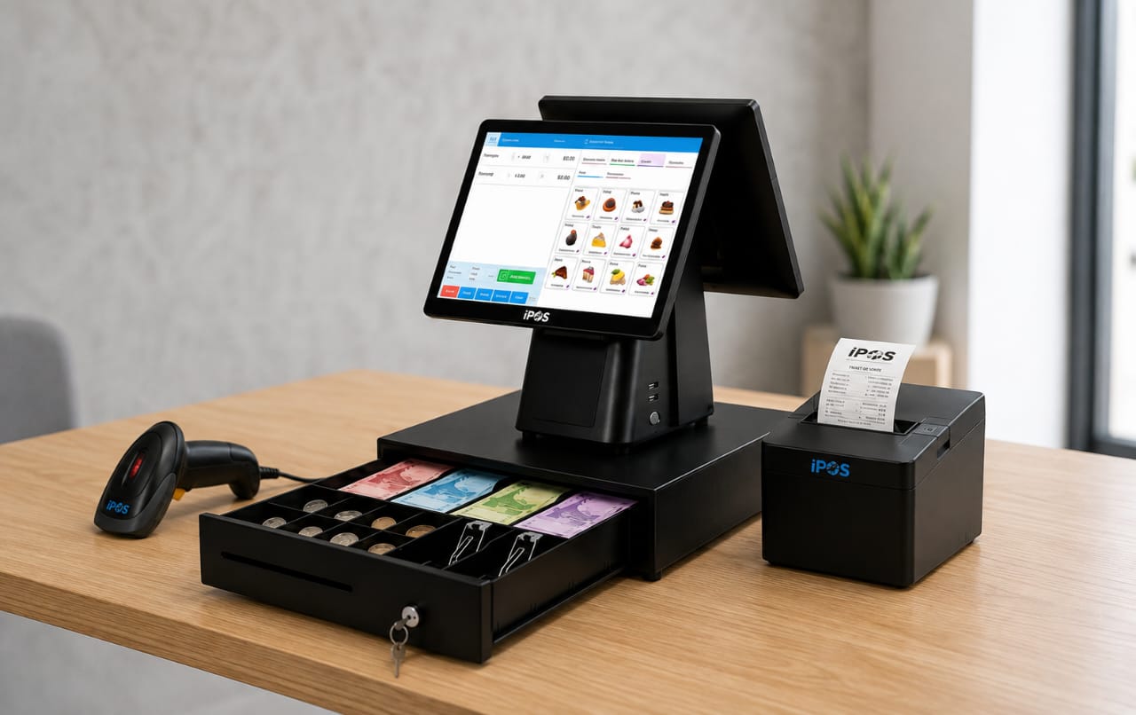 Kit caisse enregistreuse iPOS : écran tactile, tiroir-caisse, imprimante ticket et douchette code-barres